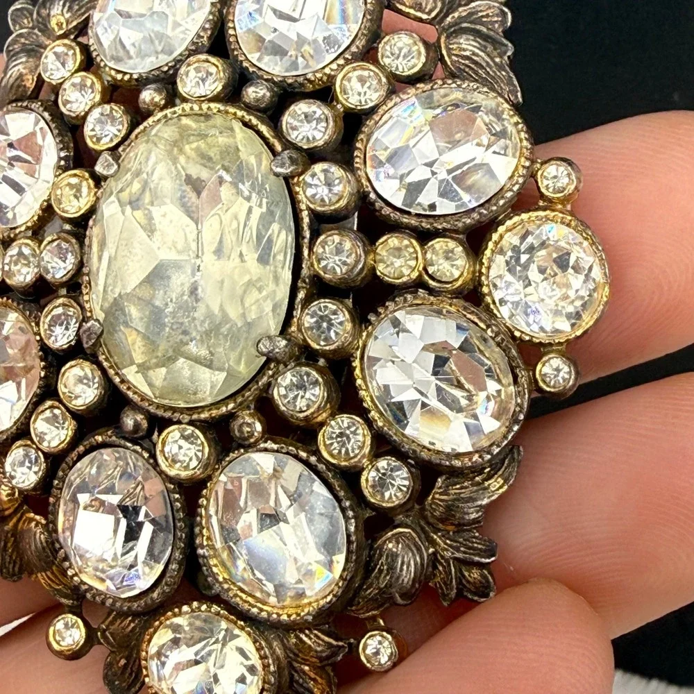 Vintage Dress Clip Silver Tone Clear Rhinestone Art Deco Revival Floral